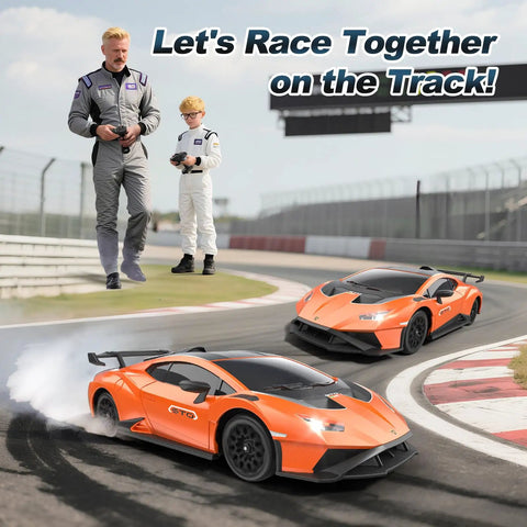Father and son racing Lamborghini Officially Licensed 1 18 Scale Remote Control Car With LED Headlights High Speed 35 KMH Sick Fast Drift RC Car 2 4GHz Radio Control For Boys Girls Kids Adults Gift on track.