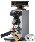 Commercial Grade 64mm Flat Burr Coffee Grinder Hella Precise With 90 Adjustments For Espresso Pour Over French Press Anti Static Dc Motor Led Timer Stainless Steel Body showing grounds dispensing into 58mm portafilter.