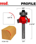 Image of Quadra-Cut Radius Rounding Bit With Perma-Shield Coating For A Flawless Finish, dimensions and wood cutting profile displayed.