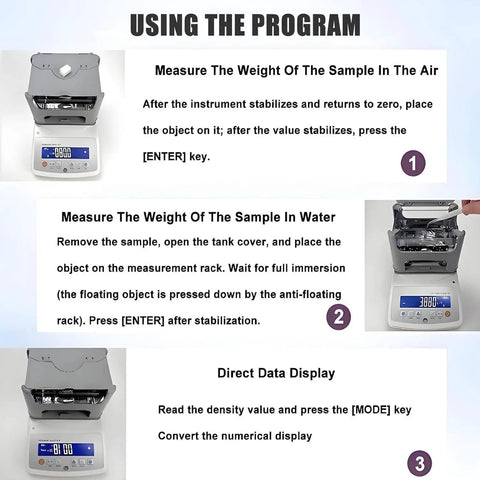 Instructions for Heavy Duty Digital Gold Purity Tester Machine Featuring Dead Accurate Density Calibration and Rugged 0.001 Gram Precision Scale.