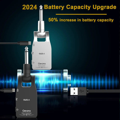 Upgrade 2.4GHz Wireless Guitar System Cordless with Built in Rechargeable Battery 2024 model featuring increased capacity