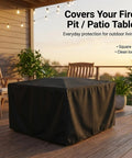 Heavy Duty Square Patio Fire Pit And Table Cover Waterproof Outdoor Furniture Cover Fits 48 By 48 By 29 Inches Black Durable 420D Oxford Fabric Keeps Rain Snow Dust Off Built To Last shown on patio setup