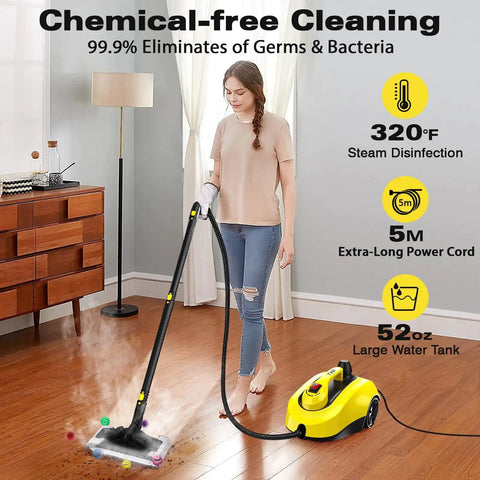 Heavy Duty Steam Cleaner With 52 Oz Large Tank And Incredible High Pressure Capability in use on hardwood floor.
