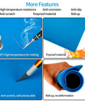 Image showing features of the S-130 Heat Resistant Silicone Soldering Mat For Electronics Repair, including high temperature resistance and roll-up capability.