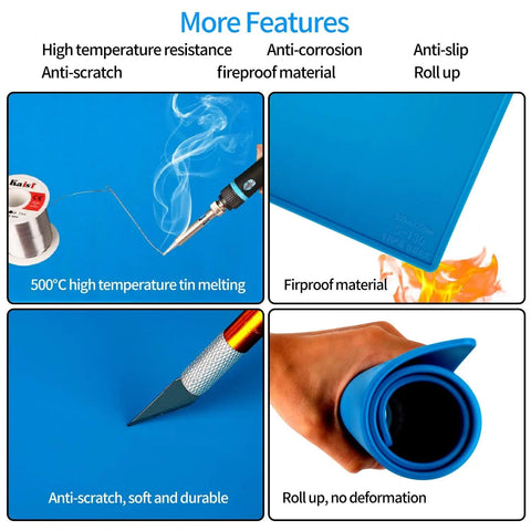 Image showing features of the S-130 Heat Resistant Silicone Soldering Mat For Electronics Repair, including high temperature resistance and roll-up capability.
