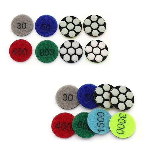1 Inch Mini Diamond Polishing Pad Set, 9 Piece Wet Dry Polishing Kit With 30 To 3000 Grit, including colorful round pads, hexagon pattern.