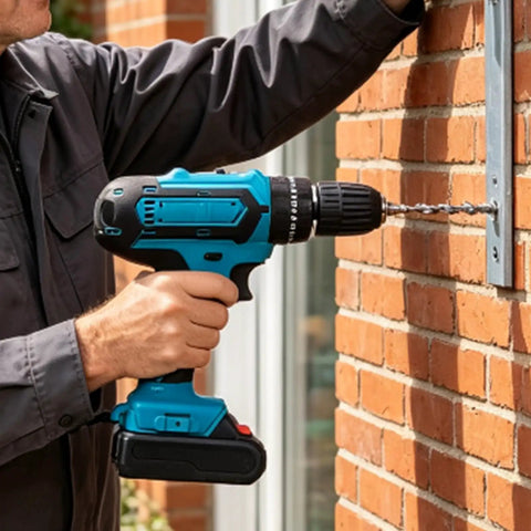 Man using Rock Solid 21V Cordless Drill And Electric Screwdriver With Quick Lithium Battery for drilling into brick wall.