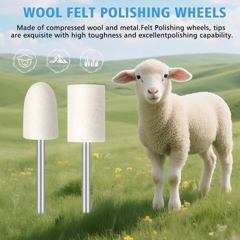 110 Piece Value Packed Buffing Wheel And Polishing Kit For Rotary Tools With 1 Eighth Inch Shank displayed with wool felt heads and lamb