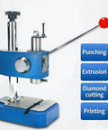 Boss Grade Manual Arbor Press Built Rock Solid For Shop Floors with a blue frame and red lever for precision punching tasks.