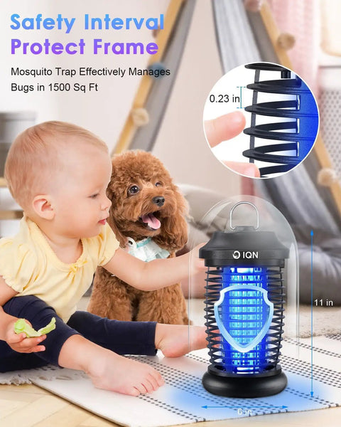 Child sitting next to Bug Zapper Outdoor Plug In Electric Mosquito And Fly Killer With 15W UV Light And 4200V Grid On Off Switch
