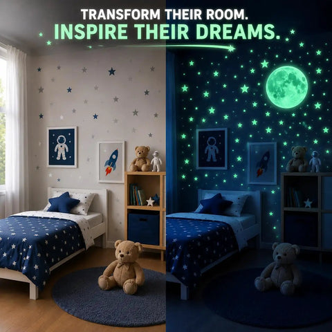 Glow In The Dark Ceiling Stars And Moon Wall Decals For Kids Bedroom Or Nursery, Self Adhesive Luminous Night Sky Stickers on wall.