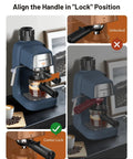 No Fuss Compact Espresso Machine With Fast Milk Frother And Smart Preheat Setup For Hot Lattes And Iced Coffee 800 Watt Power showing proper handle locking.