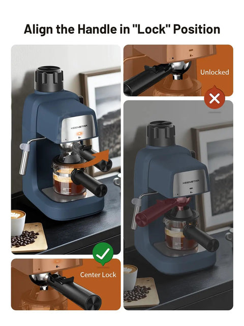 No Fuss Compact Espresso Machine With Fast Milk Frother And Smart Preheat Setup For Hot Lattes And Iced Coffee 800 Watt Power showing proper handle locking.