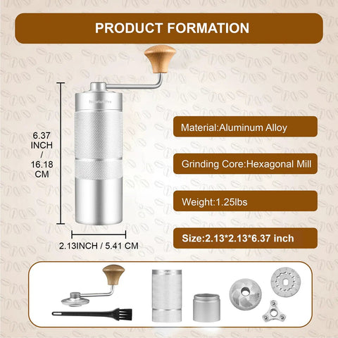 M6 Manual Coffee Grinder With Hexagonal Conical Burrs And Double Bearings For Smooth Grinding, aluminum body, size shown