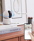 2K Indoor Security Cam with 360 Degree View for Pets and Baby on shelf, smartphone app interface shown, night vision, WiFi.