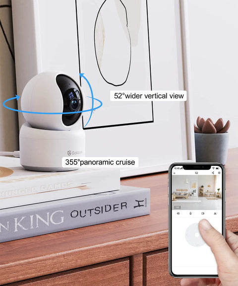 2K Indoor Security Cam with 360 Degree View for Pets and Baby on shelf, smartphone app interface shown, night vision, WiFi.
