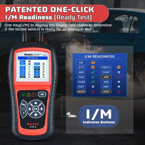 AL519 Enhanced OBD2 Scanner Car Diagnostic Tool With Check Engine Code Reader And CAN Scan showing I/M readiness test.