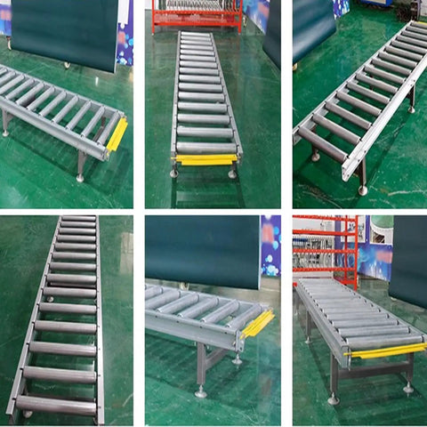 Super Heavy Duty Modular Conveyor Rollers And Connectable Discharge Chutes With Smooth Metal Roller Slide Kit For No Sweat Warehouse Dumping And Quick Truck Bed Unloading Rock Solid 5 Piece Pack Silver displayed from various angles.