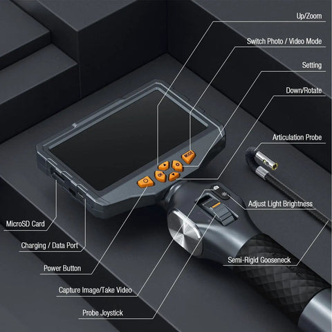 Articulating Borescope Pro Grade With Dual Lens Endoscope for Automotive Inspections display and controls