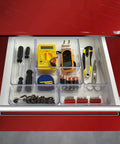 7 Piece Drawer Organizer Set With 4 Different Sizes Clear Crystal Plastic Trays For Office Home Makeup Kitchen And Junk Drawer Modular Build For Customizable Storage And Easy Grab And Go Organization in a red drawer with tools neatly organized.