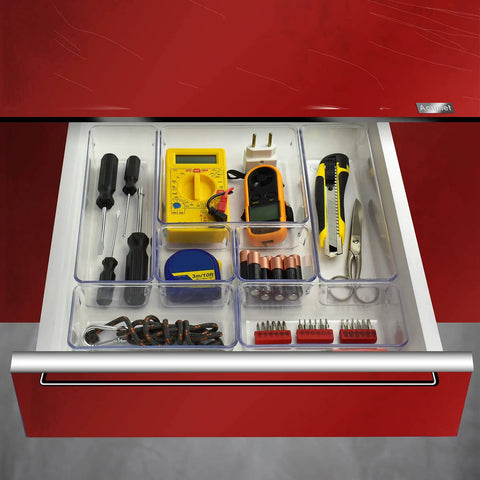 7 Piece Drawer Organizer Set With 4 Different Sizes Clear Crystal Plastic Trays For Office Home Makeup Kitchen And Junk Drawer Modular Build For Customizable Storage And Easy Grab And Go Organization in a red drawer with tools neatly organized.