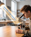 Boy using microscope with slide in classroom, inspiring young scientists