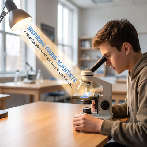 Boy using microscope with slide in classroom, inspiring young scientists