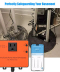 WiFi Sump Pump Monitor And Alarm With Real Time Status Alerts installed on sump pump, showing phone alerts