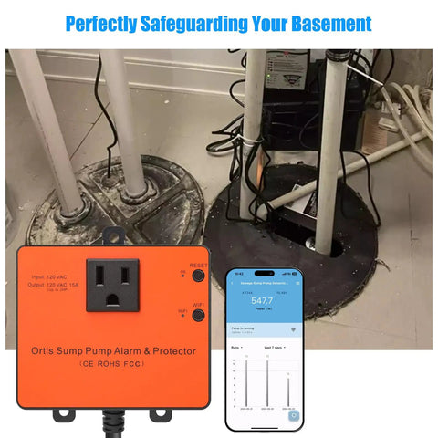 WiFi Sump Pump Monitor And Alarm With Real Time Status Alerts installed on sump pump, showing phone alerts