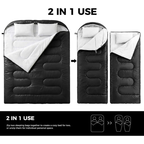 Two Person Sleeping Bag Set With Pillow For Camping And Travel, Lightweight Queen Size, Three Seasons Warmth, 2 in 1 design