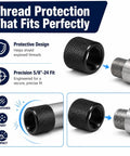 Image showing precision 5/8X24 thread protector caps fitting onto a .308 LR308 barrel for debris protection.
