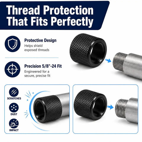 Image showing precision 5/8X24 thread protector caps fitting onto a .308 LR308 barrel for debris protection.