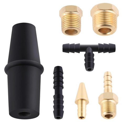 Hromee fuel pump and vacuum tester gauge kit by Amazon with brass adapters and black plastic fittings.