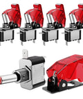 Five Pack 12V LED Toggle Switches Heavy Duty 20A SPST On Off 3 Pin Rocker For Automotive Cars Trucks Boats Racking With Red LED Indicator And Transparent Safety Cover, red cover open