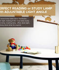 Slim Banker LED Desk Lamp in wood and brass with adjustable arm on a child's desk, featuring mid-century modern design.