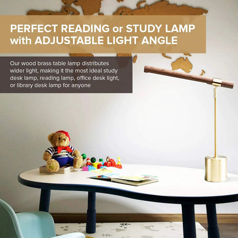 Slim Banker LED Desk Lamp in wood and brass with adjustable arm on a child's desk, featuring mid-century modern design.
