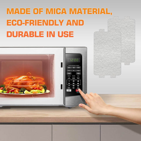 Hand using microwave with visible 5 Pcs Mica Sheet 117mm X 64mm Beefed Up Heat Resistant Waveguide Replacement Insulation displayed nearby
