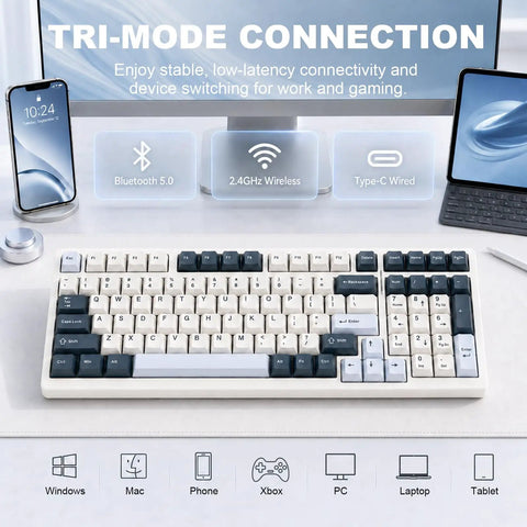 Game Ready Mechanical Keyboard Featuring Slick Tri Mode Wireless Bluetooth And 2.4GHz Setup For Lag Free Multi Device Pairing And A Rock Solid USB C Wired Backup For Gamers on a desk with phone.
