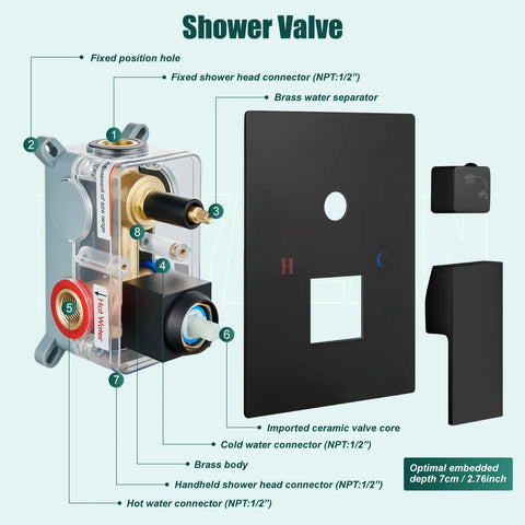 Shower valve component diagram for Square Rain Shower System 10 Inch Matte Black With 2 In 1 Handheld Sprayer And Fixed Head Wall Mount