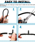 Automotive nylon vacuum tubing connector kit, black; four-panel install: loop, cut, attach T-connector, final hose.