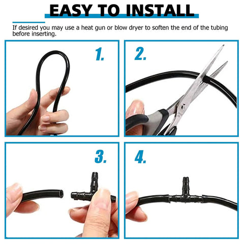 Automotive nylon vacuum tubing connector kit, black; four-panel install: loop, cut, attach T-connector, final hose.
