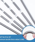 Front view of 18 stainless steel extension springs with hook ends, 0.047 x 0.4 x 2.76 in