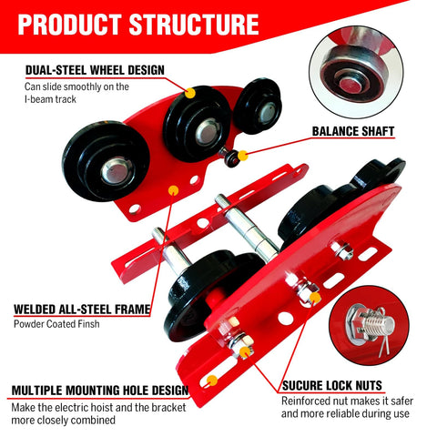 Heavy Duty 6 Wheel Manual Trolley for I-Beam 1 Ton Load, Geared Push Overhead Cart for PA200 To PA1000 Electric Hoist