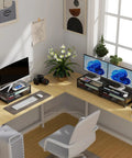 Ergonomic Computer Monitor Stand Riser With Drawers And Tray, Pro Desk Organizer For Home Office, Black, on a wooden desk setup.