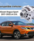 120 Amp Alternator For Nissan Rogue Sport 2L 2017 To 2022 Plug And Play Direct Fit Replacement Part TG12C167 288601 21072N 21072 High Output Auto Electrical Component displayed with compatible vehicle, a parked Nissan Rogue Sport.