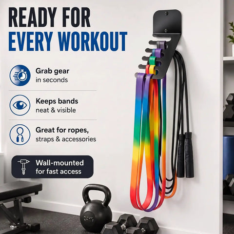Wall Mounted Gym Equipment Storage Rack For Home Fitness Heavy Duty Metal Organizer displayed with resistance bands and ropes