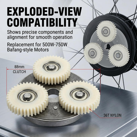 Exploded view of Heavy Duty Electric Motor Gear Clutch Kit with 36T nylon gear and 88mm clutch for 500W to 750W motors.