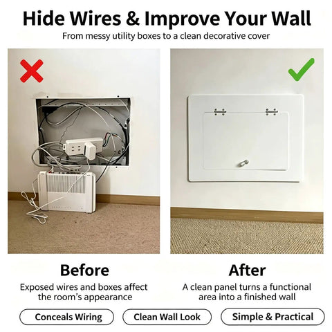 Slick Drywall Access Panel With a Quick Grab Ring Pull Handle for Plumbing Cleanouts and Electrical Boxes shown before and after installation.