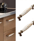 2 Pack Solid Marble Vein Ceramic Drawer Pulls 5 Inch Vintage Antique Brass Cabinet Handles on kitchen cabinets with smooth finish.