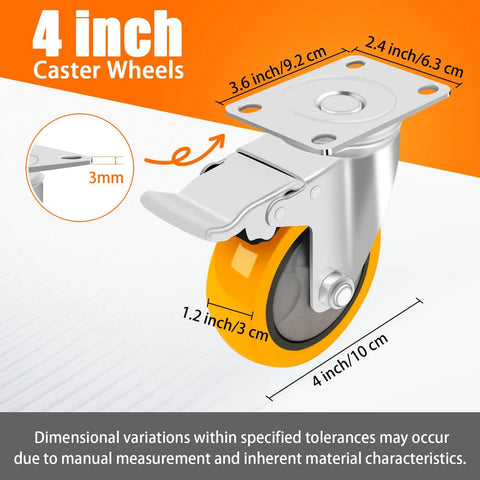 4 Inch Caster Wheels with Brakes showing dimensions and details, part of Top Shelf 4 Inch Caster Wheels With Brakes Set Of Four Heavy Duty Plate Casters.